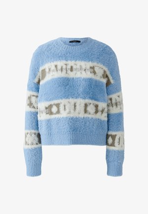Fuzzy blue sweater with white and beige horizontal stripes. Crew neck, long sleeves, textured fabric with a soft, plush appearance.