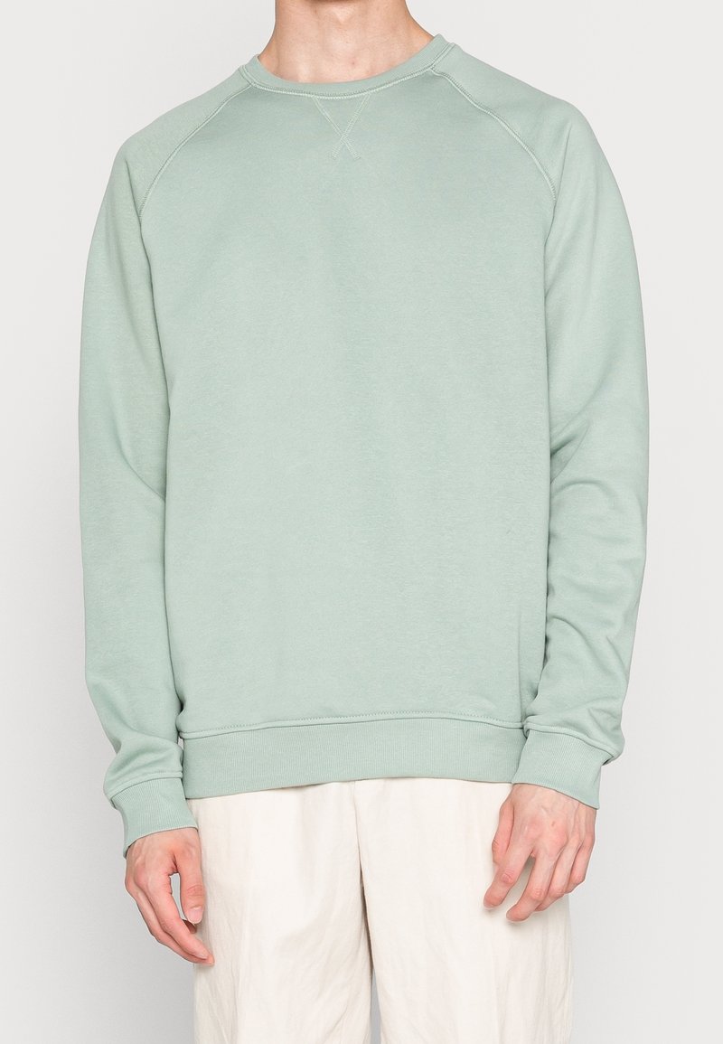 Felpa verde chiaro realizzata in tessuto morbido, con scollo a girocollo, maniche raglan, polsini a coste e un design semplice e senza cuciture.