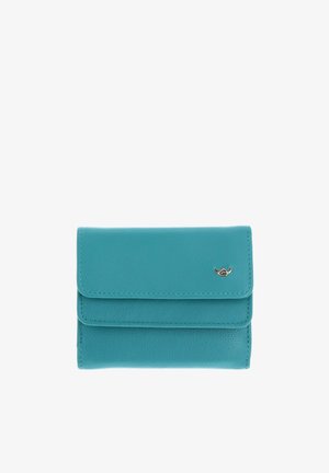 Portefeuille en cuir turquoise avec fermeture à rabat et petit logo argenté sur le devant, sur fond blanc.