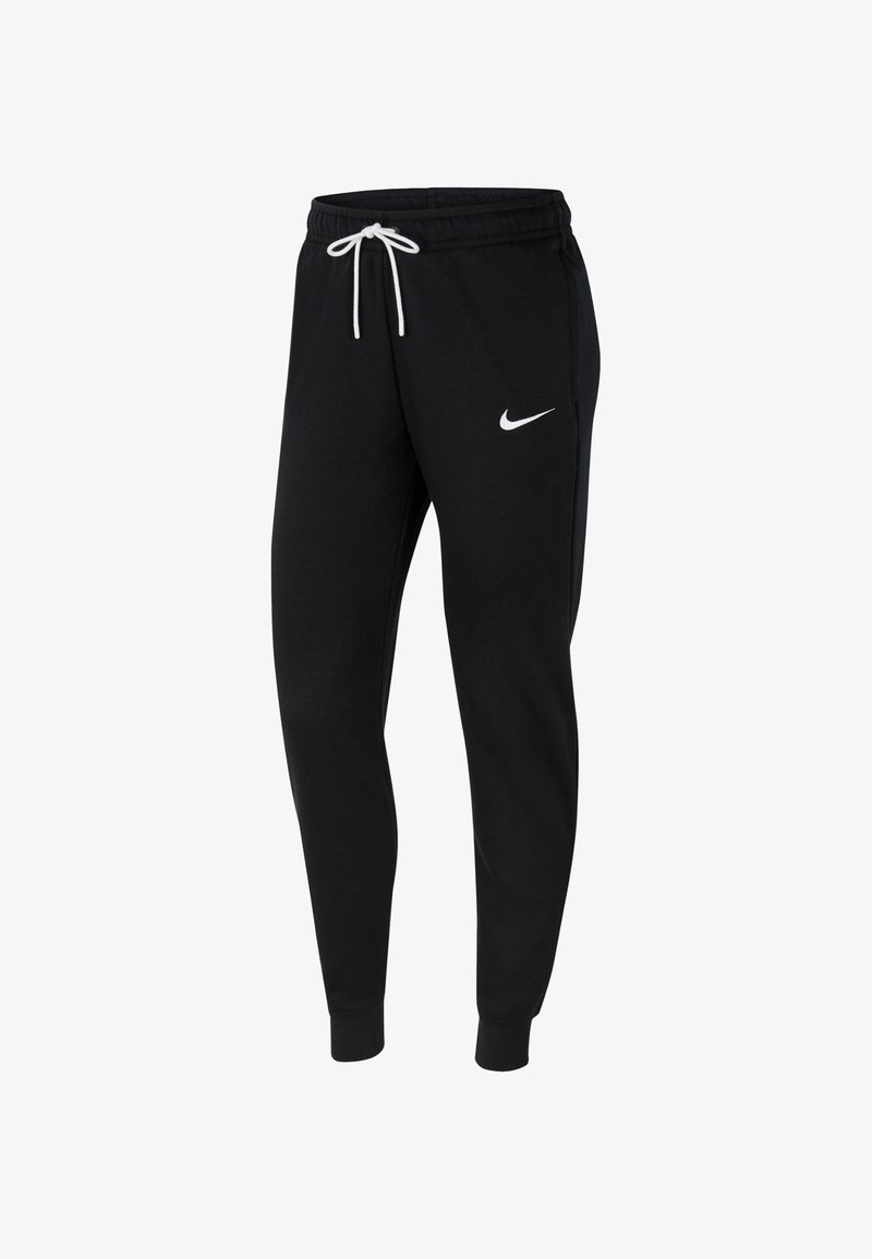Schwarze Jogginghose aus weichem Stoff, mit einem Kordelzug an der Taille und elastischen Bündchen, versehen mit einem weißen Nike-Logo auf der Vorderseite.
