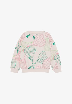 Roze sweater met ronde hals, bedrukt met een patroon van groene en roze tennisrackets in hartvorm en voorzien van geribbelde manchetten en zoom.