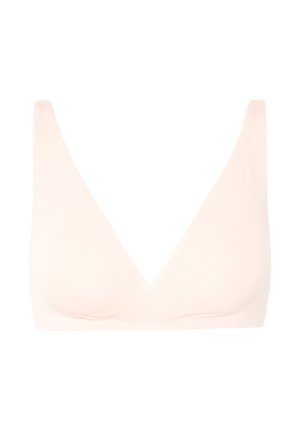 Reggiseno wireless beige chiaro senza cuciture con spalline larghe e scollo profondo a V.