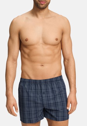 Hombre sin camiseta, con bóxer a cuadros azules y blancos, de pie con los brazos relajados a los lados.