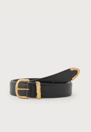 Black leather belt coiled with textured gold-tone buckle, loop, and tip on a white background.