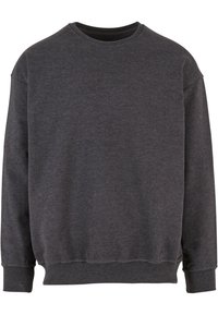 Mørkegrå crew neck sweatshirt lavet af blødt stof. Har lange ærmer og ribbede manchetter og kant. Ingen synlige mønstre eller grafik.