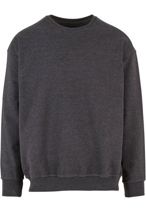 Sweat-shirt à col rond gris foncé en tissu doux. Il présente des manches longues et des poignets et un ourlet côtelés. Pas de motifs visibles ni de graphiques.