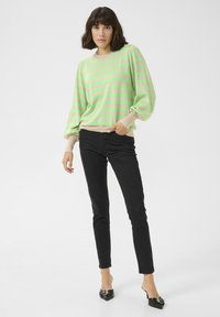 Maglione verde chiaro con strisce rosa, maniche a sbuffo lunghe e orlo beige, abbinato a pantaloni neri a sigaretta e scarpe nere slip-on.