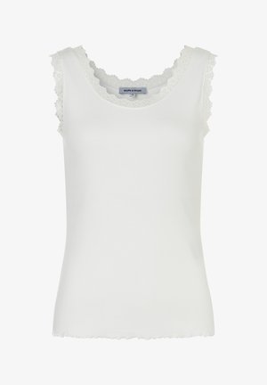 White sleeveless top made of ribbed cotton, featuring delicate lace trim on the neckline and armholes, with a scalloped hemline.