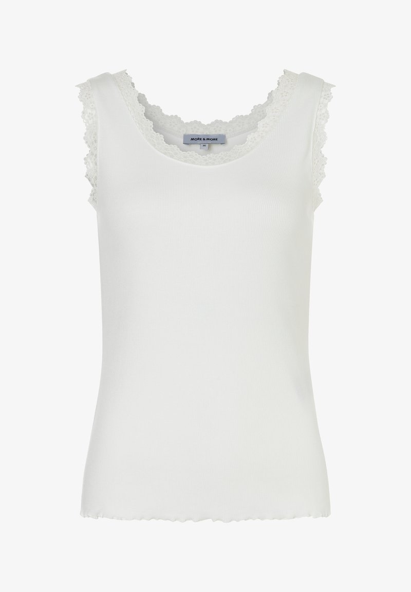 Weißes ärmelloses Oberteil aus geripptem Baumwollstoff, das mit zarter Spitze am Ausschnitt und an den Armlöchern verziert ist und einen gewellten Saum hat.
