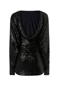 Crna majica dugih rukava s dubokim V-izrezom na leđima, prekrivena sjajnim crnim šljokicama. Mekana tekstura s uskim siluetom i minimalnim šavnim detaljima.