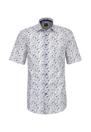 Weißes kurzärmeliges Hemd zum Knöpfen mit blauem und beigem Blumenmuster und einem Haifischkragen.