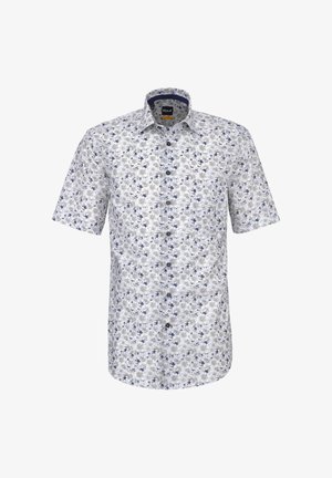 Weißes kurzärmeliges Hemd zum Knöpfen mit blauem und beigem Blumenmuster und einem Haifischkragen.