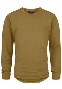 Langarmhemd in Khaki mit gerippter Textur, abgerundetem Saum und seitlichem Reißverschlussdetail. Verfügt über einen Rundhalsausschnitt und eng anliegende Ärmel.