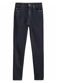 Ciemnoniebieskie dżinsy o slim fit, z pięcioma kieszeniami, z przodu zapinane na guzik oraz subtelnymi detalami w szwach.