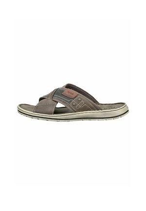 Brun og grå herre slip-on sandal med krydsede remme og tekstureret sål, vist fra siden på hvid baggrund.