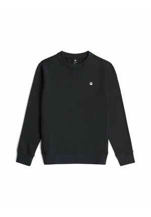 Black long-sleeve crew neck sweatshirt with ribbed cuffs, hem, and a small white logo on the left chest.
