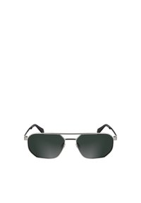 Ochelari de soare octogonali cu lentile verzi închise, ramă din metal argintiu și vârfuri ale templelor din plastic negru. Design minimalist, fără logo-uri sau modele vizibile.