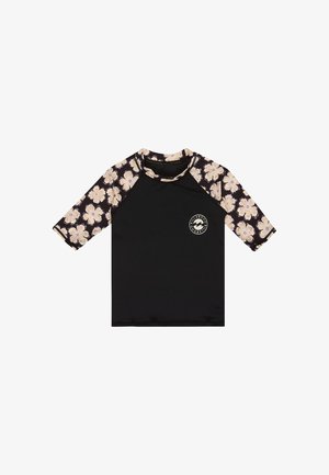 Czarny rash guard z beżowymi kwiatowymi rękawami 3/4 i kołnierzem, z małym okrągłym logo Billabong na lewej piersi.