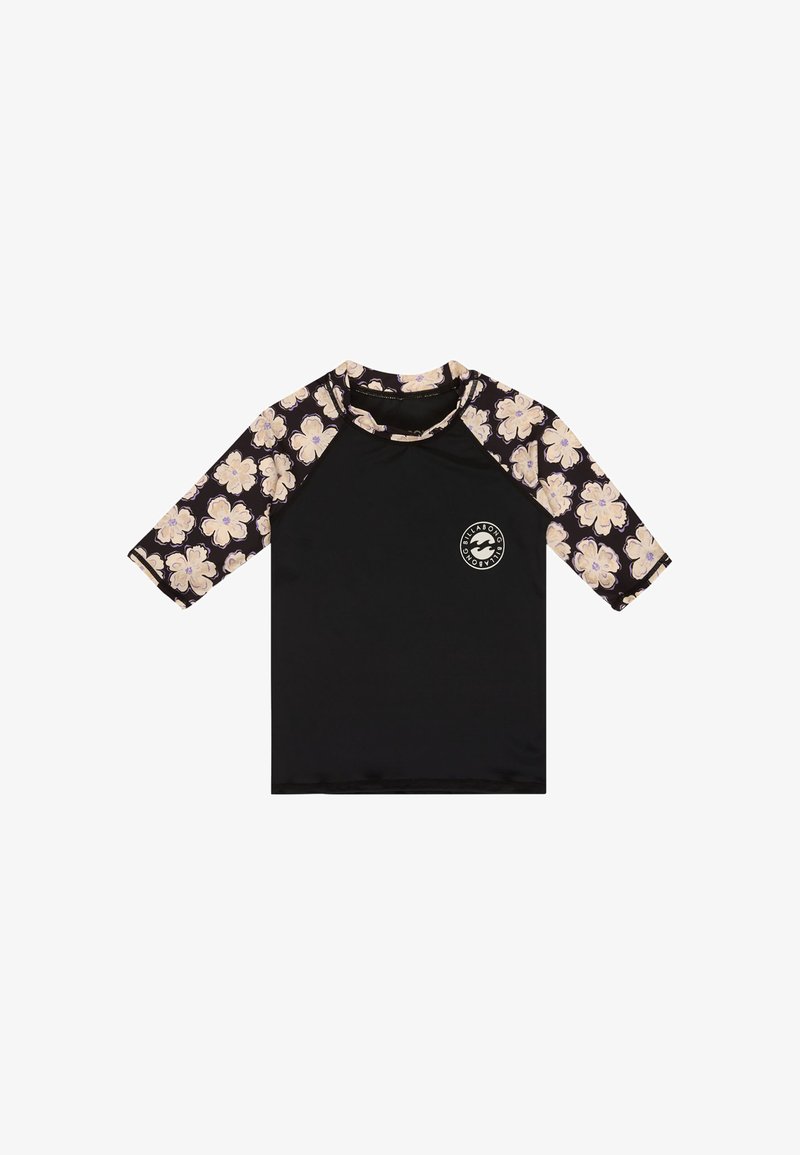 Schwarzes Rashguard mit beigen floralem 3/4-Ärmeln und Kragen, mit kleinem rundem Billabong-Logo auf der linken Brust.