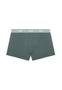 Boxer breifs en verde oscuro para hombre con cintura elástica gris de marca y detalle de costura en la parte frontal.