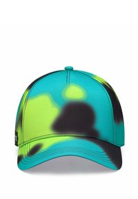 Czapka baseballowa w turkusowo-limonkowym wzorze tie-dye, z czarnymi akcentami, usztywnioną koroną, zakrzywionym daszkiem oraz regulowanym paskiem z przeszyciem.