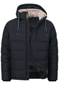 Giacca nera imbottita con cappuccio foderato in pelliccia sintetica, zip frontale e polsini elasticizzati. Presenta una tasca sul petto e tasche laterali con zip.