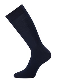 Marineblå knæhøje sokker lavet af glat, strækbart stof med en ribbet kant øverst og en let konisk form mod tåen.