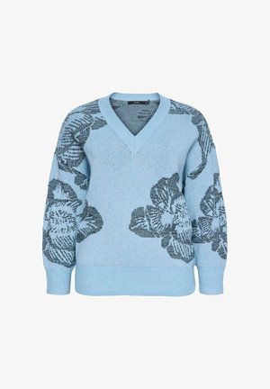 Maglione azzurro chiaro con scollatura a V, decorato con grandi motivi floreali astratti blu scuro sulle maniche e sul corpo, e finiture a costine sui polsini e sull'orlo.