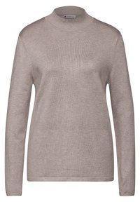 Beige lange mouwen trui met een hoge nek. Gemaakt van een zacht, gebreid materiaal met een gladde textuur. Eenvoudig ontwerp en geen zichtbare patronen.