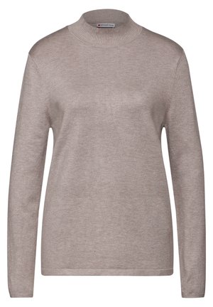Beige lange mouwen trui met een hoge nek. Gemaakt van een zacht, gebreid materiaal met een gladde textuur. Eenvoudig ontwerp en geen zichtbare patronen.