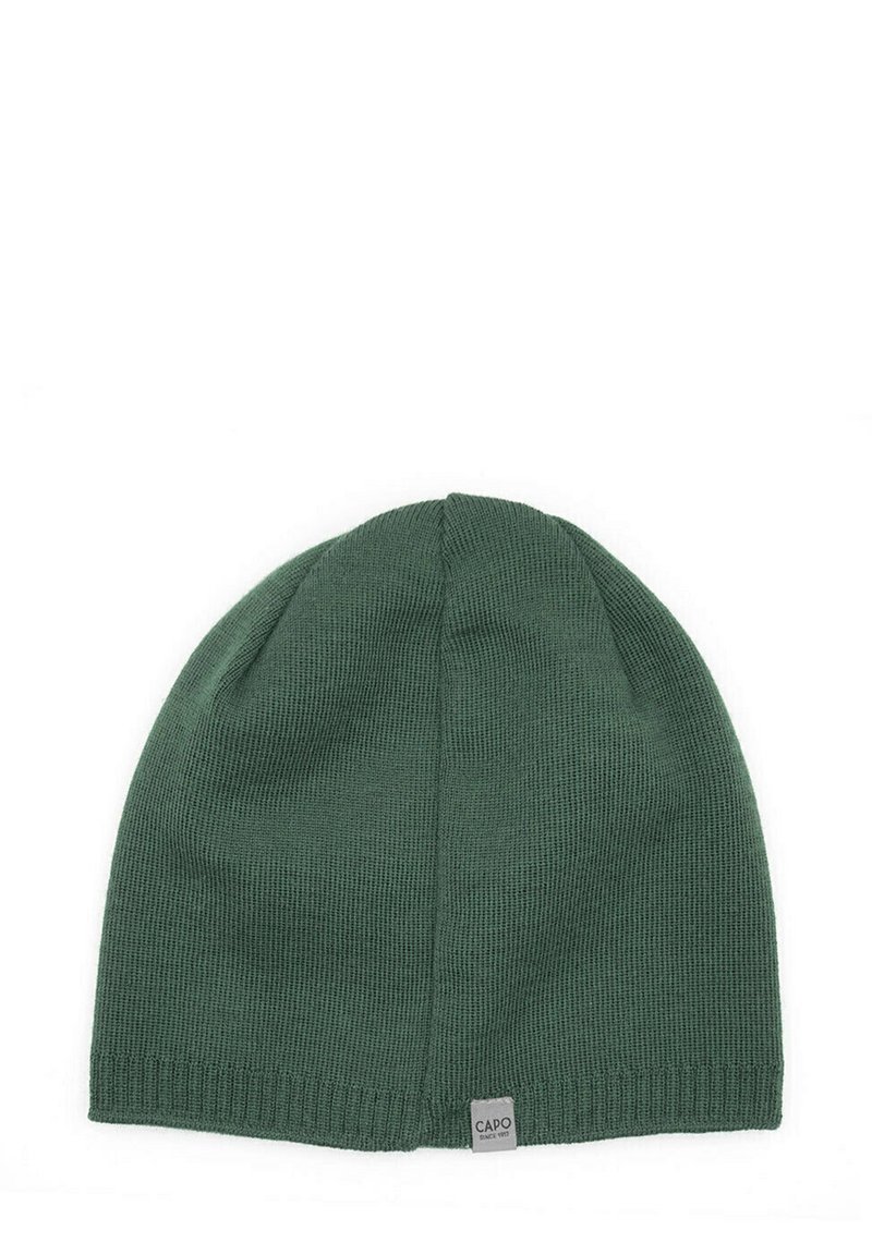 Green knitted beanie with a smooth texture, designed with a rounded crown and a folded ribbed cuff, featuring a small label at the side.
