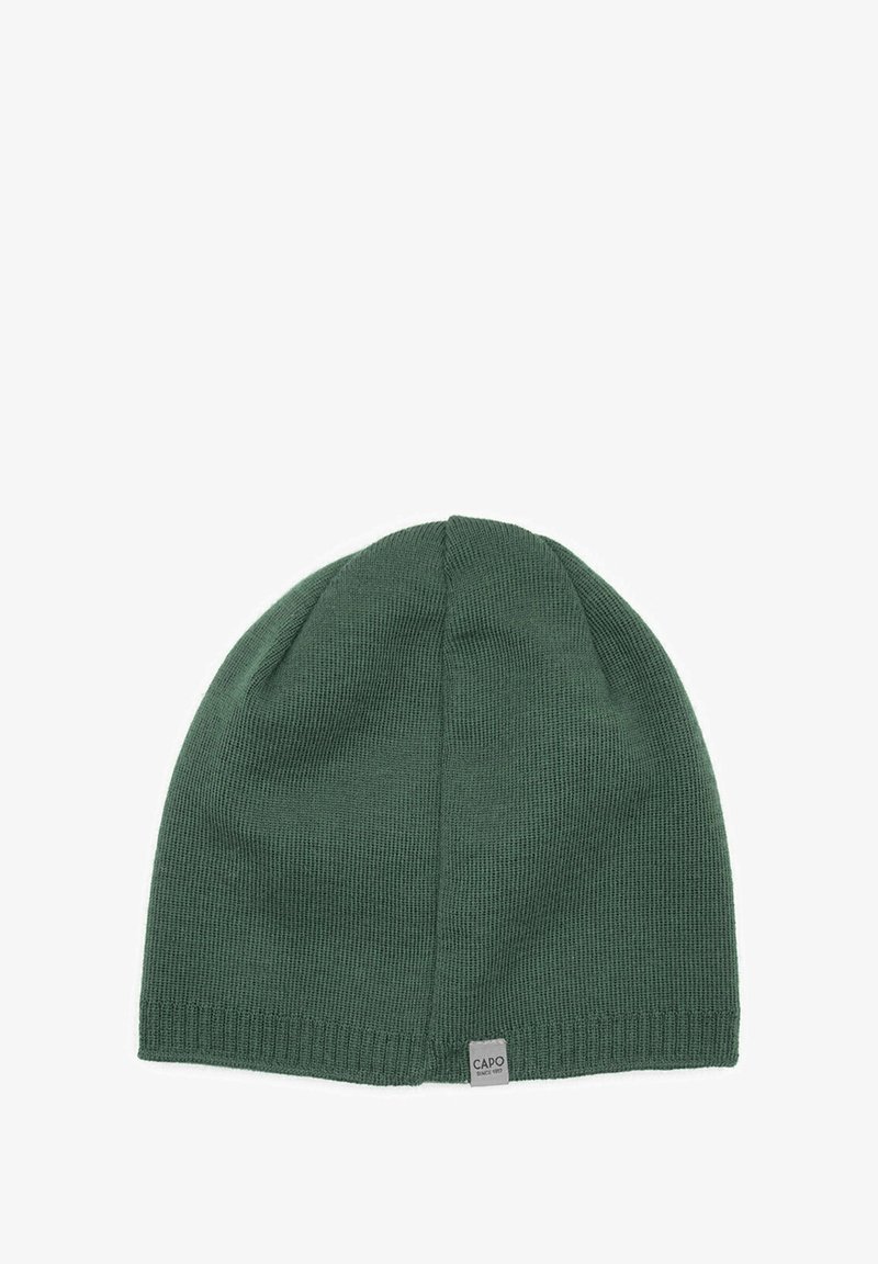 Green knitted beanie with a smooth texture, designed with a rounded crown and a folded ribbed cuff, featuring a small label at the side.