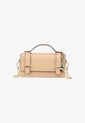 Beige handbag with top handle, gold chain strap, two front straps with gold accents, and a small Italian flag charm on the right side.
