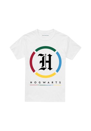 White t-shirt with a black Gothic letter "H" encircled by red, green, blue, and yellow segments above the word "HOGWARTS" in black letters.