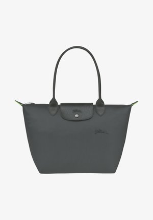 Gray nylon tote bag with leather accents, two handles, and a zip closure. Features a logo embroidery and an interior pocket with hardware details.