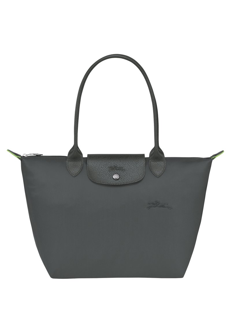 Graue Nylon-Tote-Tasche mit Lederakzenten, zwei Griffen und einem Reißverschluss. Verfügt über eine gestickte Logo-Dekoration und eine Innentasche mit Hardware-Details.