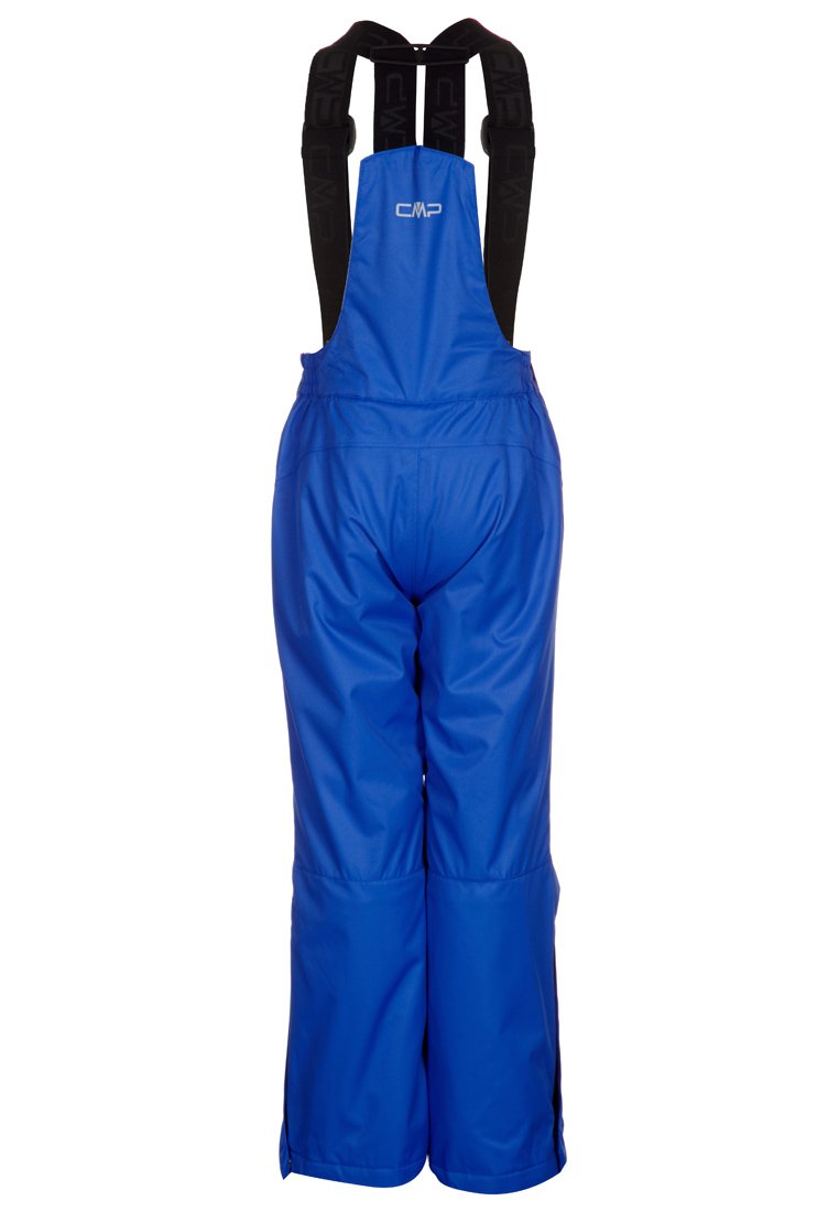 Blaue isolierte Latzhosen aus wasserdichtem Material, mit verstellbaren schwarzen Trägern, lockerer Passform und geradem Bein Design.