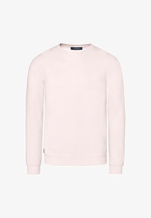 Lichtroze sweater met lange mouwen en ronde hals, voorzien van geribbelde manchetten en zoom, met een klein zwart merkembleem bij de halslijn.