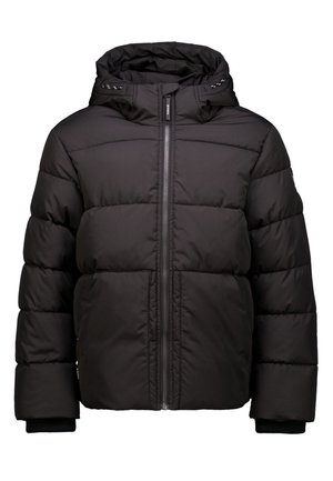 Chaqueta de plumas negra con capucha, con un diseño acolchado, cremallera frontal completa y puños de canalé. Textura suave y corte moderno.