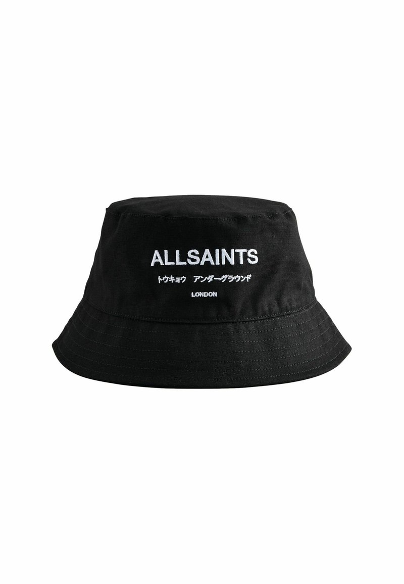 Musta puuvillainen sankohattu, jossa on valkoisella brodeeratut "ALLSAINTS" ja "LONDON". Ominaisuuksia ovat leveä lier ja teksturoitu kangas.