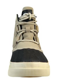High-top sneaker featuring a beige suede upper, black textured toe, matching laces, and a white rubber sole with ridged detailing.