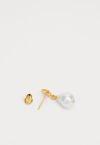 Orecchini in tono oro realizzati con un ciondolo a goccia in perla iridescente a forma di pera, dotati di una base decorativa e di un retro sicuro per indossarli.