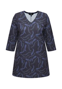 Abito nero con scollo a V e maniche a tre quarti. Presenta un motivo a foglie blu, realizzato in tessuto morbido con una vestibilità comoda.