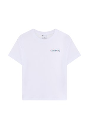 Weißes, kurzärmeliges, kurzes T-Shirt mit Rundhalsausschnitt und kleinem mehrfarbigem "CHAMPION"-Logo auf der linken Brust.