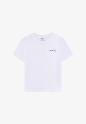 Weißes, kurzärmeliges, kurzes T-Shirt mit Rundhalsausschnitt und kleinem mehrfarbigem "CHAMPION"-Logo auf der linken Brust.