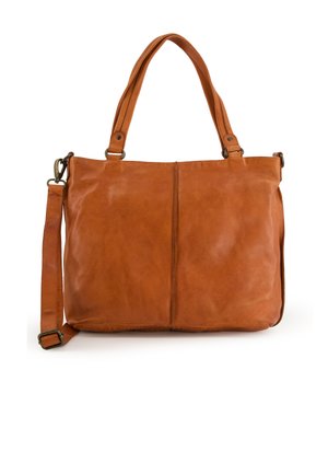 Leather tote bag in rich orange-brown with dual top handles and an adjustable shoulder strap. Smooth texture with minimalist design.