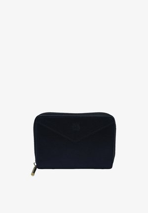Portefeuille noir en cuir avec fermeture éclair, couture de style enveloppe et petit logo embossé sur le panneau avant.