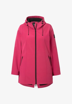 Fuchsiajacke mit Reißverschluss vorne, Kapuze mit Kordelzügen, seitlichen Taschen und schwarzem Zubehör. Glatte Textur und modernes Design.