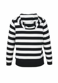 Haut à capuche rayé noir et blanc avec un col haut, cordon de serrage et manches longues. Les poignets et l'ourlet côtelés mettent en valeur la structure.