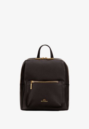 Black leather backpack with a textured finish, gold hardware accents, a front zip pocket, and a top handle for easy carrying.